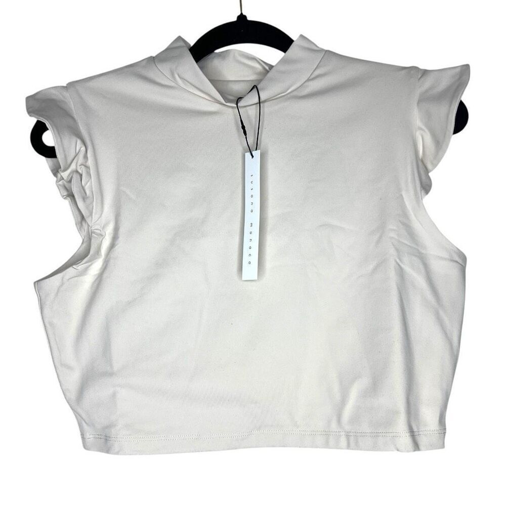 NEW Susana Monaco‎ Mock Ruffle Sleeve Crop Top in Blanched Almond XL